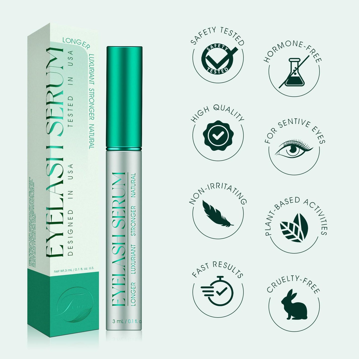 TUDPA Eyelash Growth Serum: Enhances length, density & strength, conditions lashes. Vegan, cruelty-free, gentle for sensitive eyes. 3mL (2-month supply)