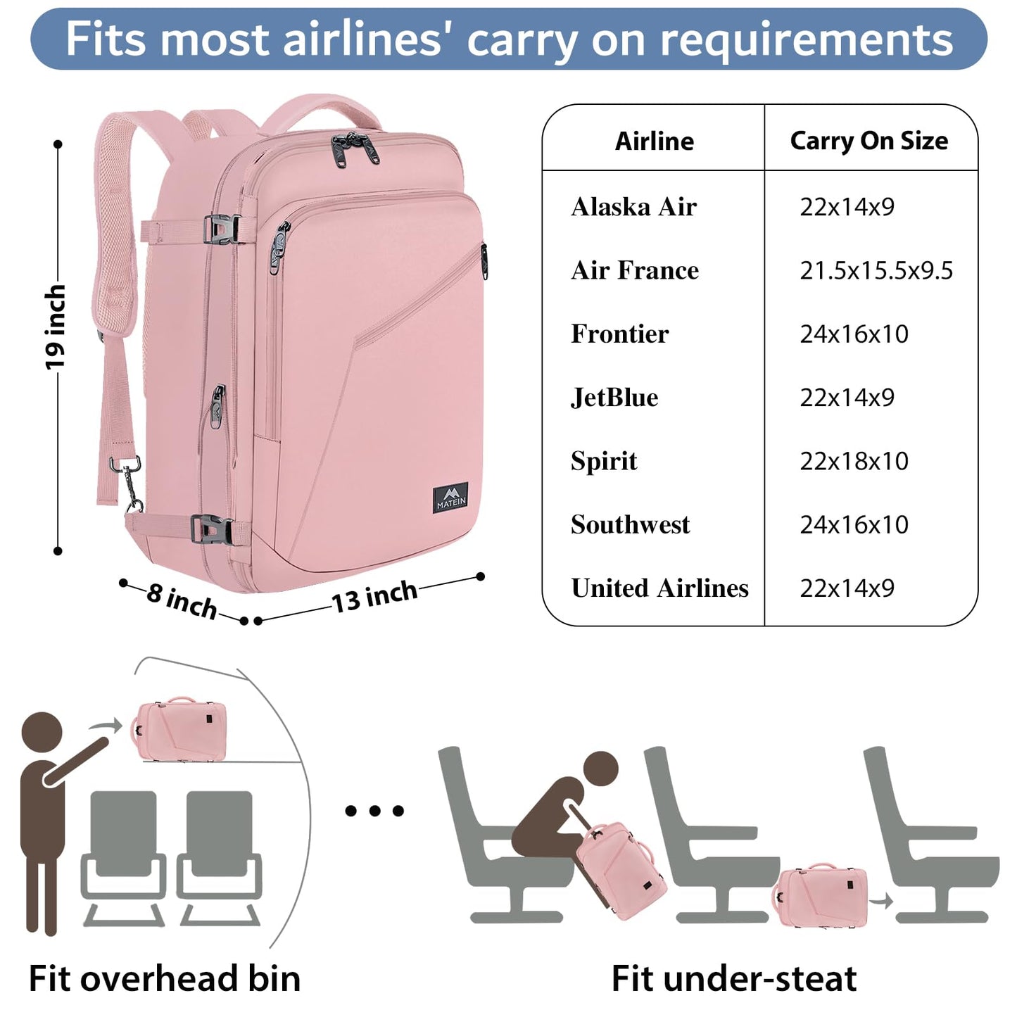 MATEIN 45L Womens Travel Backpack, Extra Large Carryon Backpack Fits Underseat & Overhead Bin, Cute Weekender Daypack for Travel on Airplane, Traveling Accessories for Women, Pink