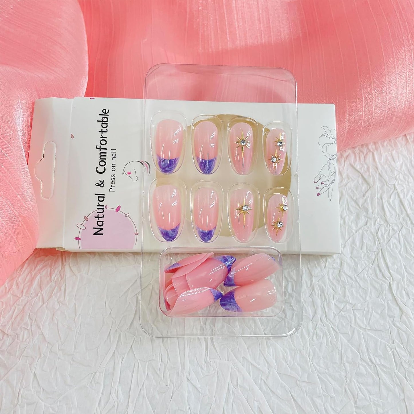 French Tip Almond Press-On Nails with Gold Bow | Reusable Glossy Acrylic False Nails for Women