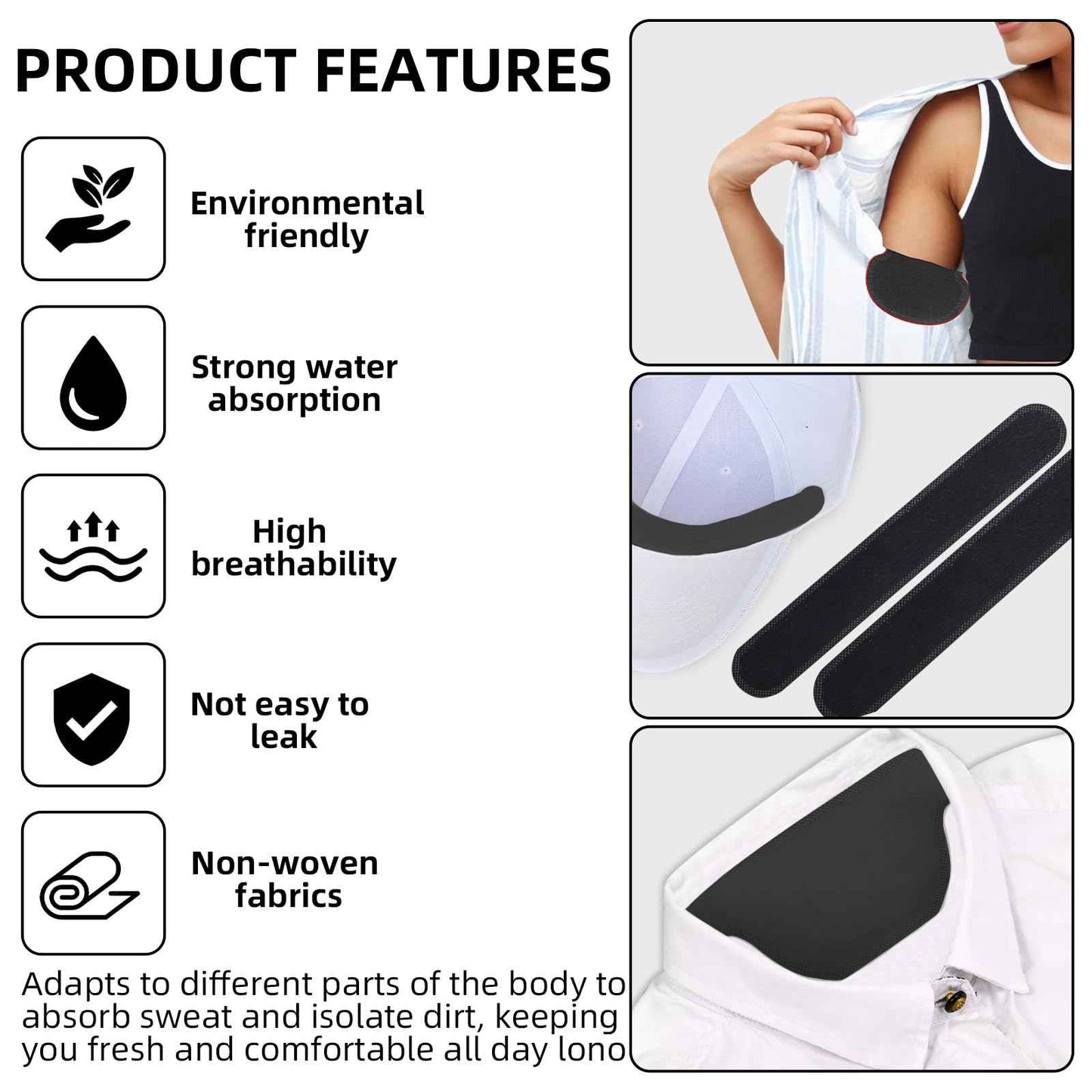 140Pcs Black Sweat Pads for Under Arms, Hat Sweat Liner, Shirt Collar Protection, Large Armpit Sweat Pads for Women, Disposable Underarm Sweat Pad (1Pack/100P+20P+20P)