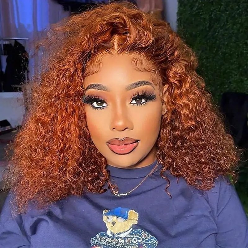 GOLFMAX 8-Inch Curly Bob Wig - Ginger Lace Front Human Hair | Water Wave, Pre-Plucked 13x4