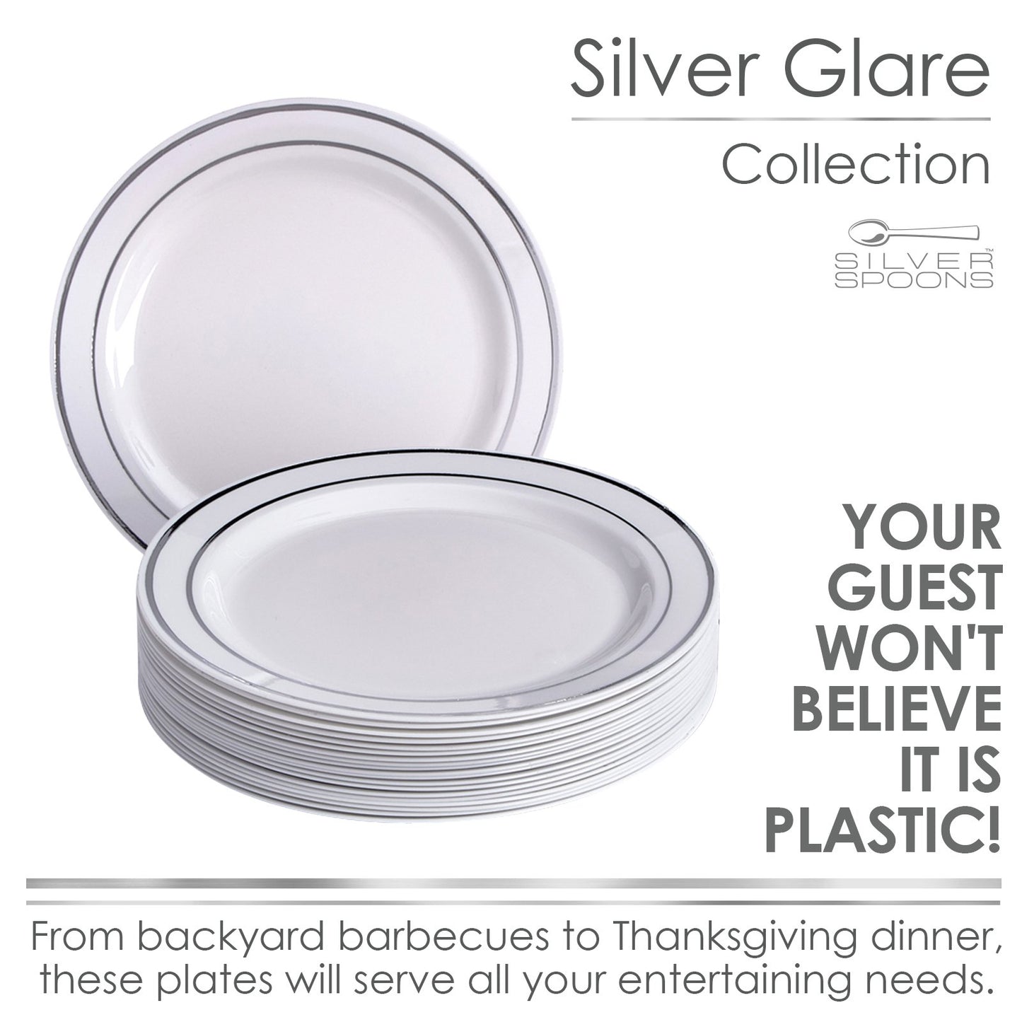Silver Spoons DISPOSABLE DINNERWARE SET, 10 Salad Plates (Silver Glare, 7.5')