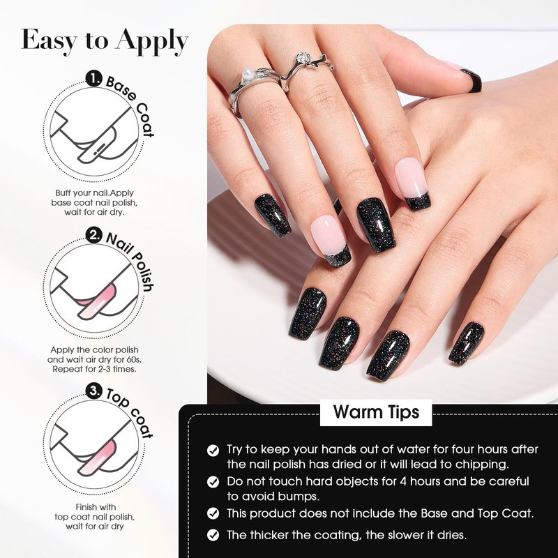 COSMOO Black Glitter Quick Dry Nail Polish 12ml, Shimmer Chip Resistant DIY Nails Art for Ladies, Vegan, Fast Drying, Streak, Long Lasting