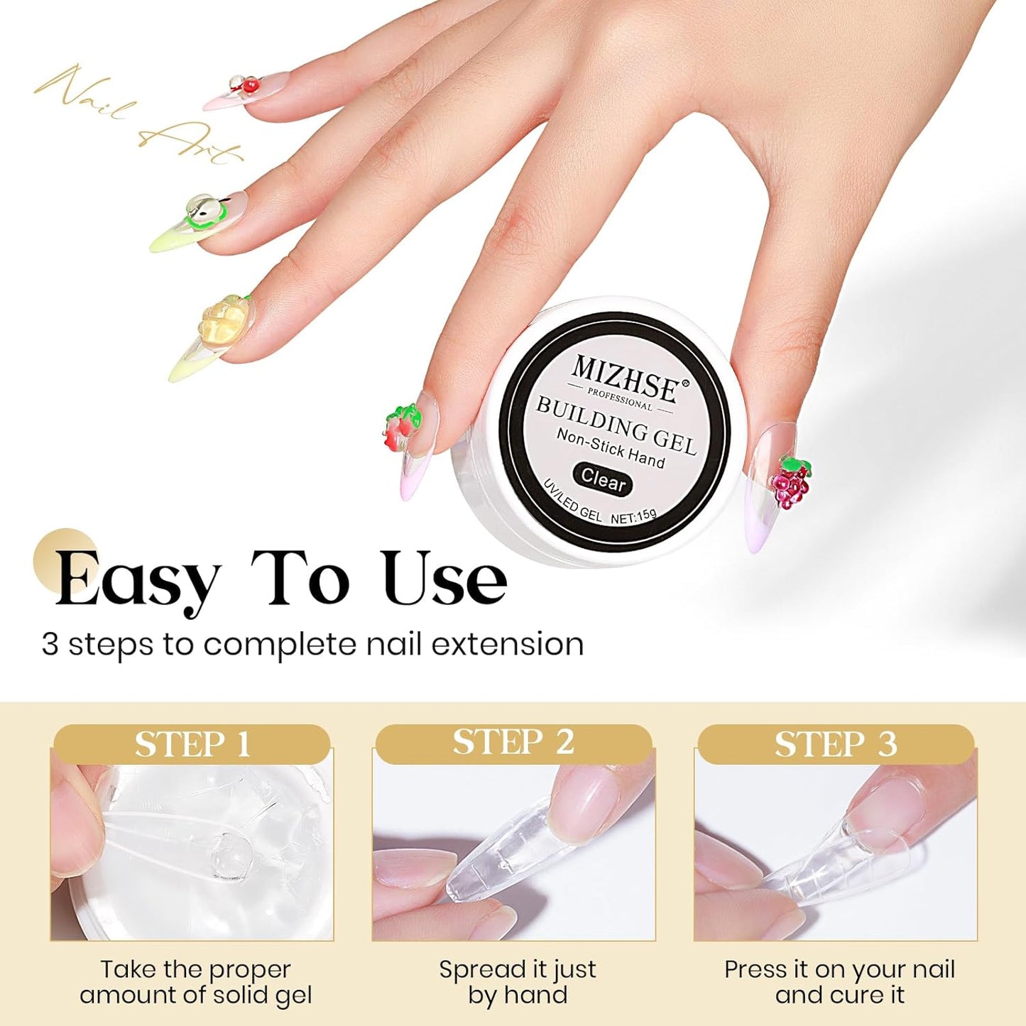 MIZHSE Solid Builder Gel for Nails, Clear Non-Sticky Sculpting Gel, 3D Nail Art Carving Building Modeling Hard Nail Extension Soak Off UV/LED Nail Art Salon Home DIY 15g