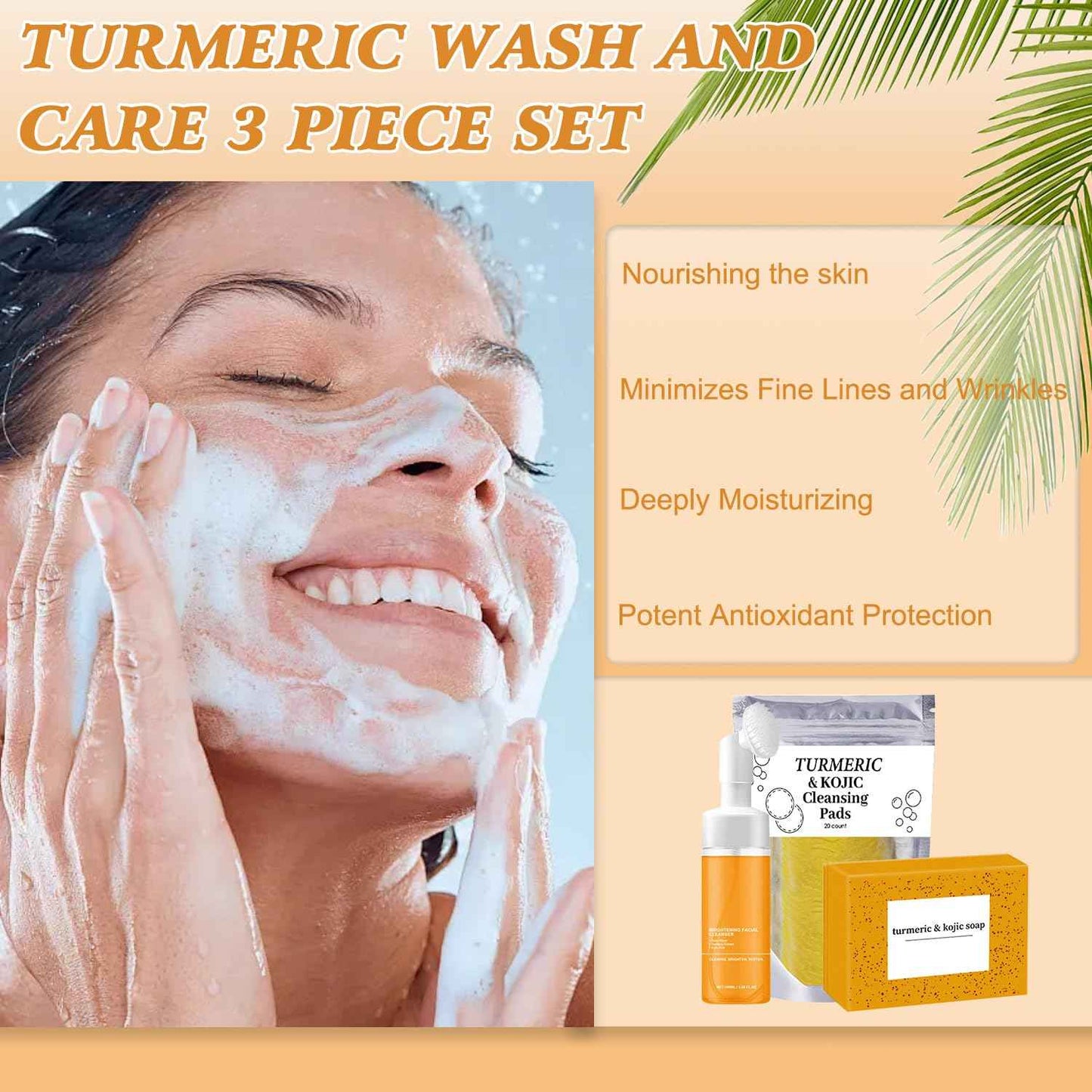 4Pcs Turmeric Wash and Care Three Piece Set,Turmeric Trio: Facial Wash,Cleansing Mousse & Soap for Skin Care,Turmeric Cleansing Exfoliating Pads,Turmeric Face Wash for Face & Body