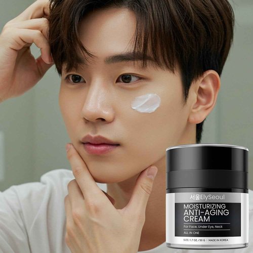Korean 6 in 1 Face Cream for Men: Anti-Aging Skin Care Facial Moisturizer for Wrinkles Under Eye Bags Dark Circles Puffiness & Firming with Retinol Collagen Peptides Caffeine & Hyaluronic Acid, 1.7 oz