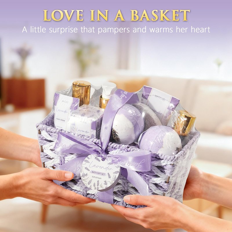 Mothers Day Birthday Gifts for Women, Lavender Relaxing Spa Gift Baskets for Women Self Care Package Bath Gift Set, Home Bath and Body Kit Pamper Gifts for Womens Her Mom Friends Wife Girlfriend Wife
