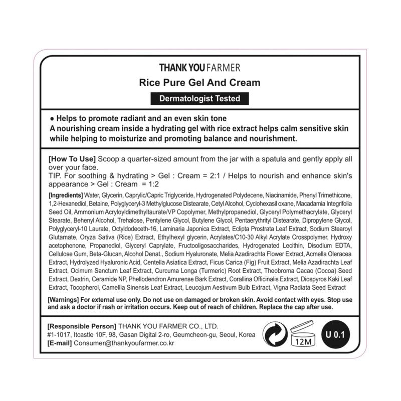 THANKYOU FARMER Rice Pure Gel and Cream, Nourishing Exclusive Korean Rice Extract, Dermatologist Tested, Ceramide, Korean Moisturizer for Dry Skin, Fragrance-Free, 2.81 fl.oz