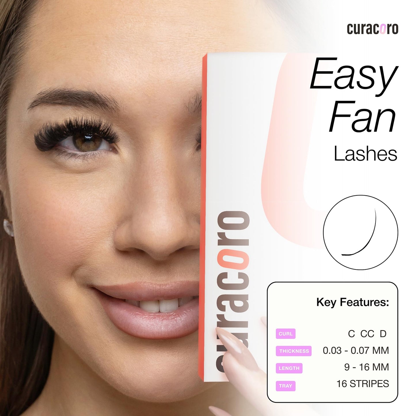 Curacoro Easy Fan Eyelash Extensions 0.07mm Thickness, D Curl, 9mm-16mm Length, Super Matte Black Volume Self Fanning Lash Extensions, Professional Supplies for Lash Techs
