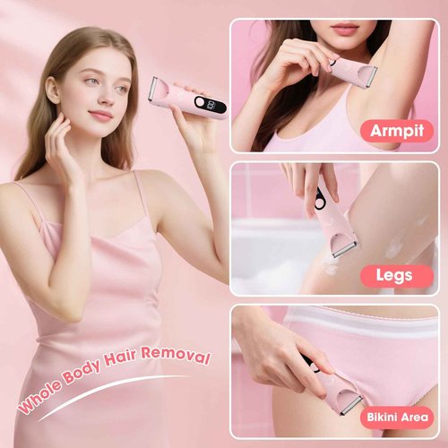Bikini Trimmer for Women, Painless Pubic Hair Trimmer for Armpit Leg Arm Body Private Area,Rechargeable Womens Electric Razors Shaver LED Light Ceramic Blade IPX7 Waterproof Wet/Dry LCD Display,Pink