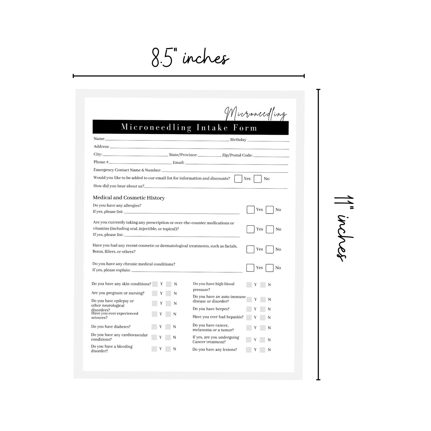 Microneedling Intake Forms, Consent, Aftercare Instructions | 75pk 25 of Each | Skin Rejuvenating Microneedling | Anti Aging, Anti Wrinkle | 8.5 x 11” Client Intake Signature Minimalist Black White