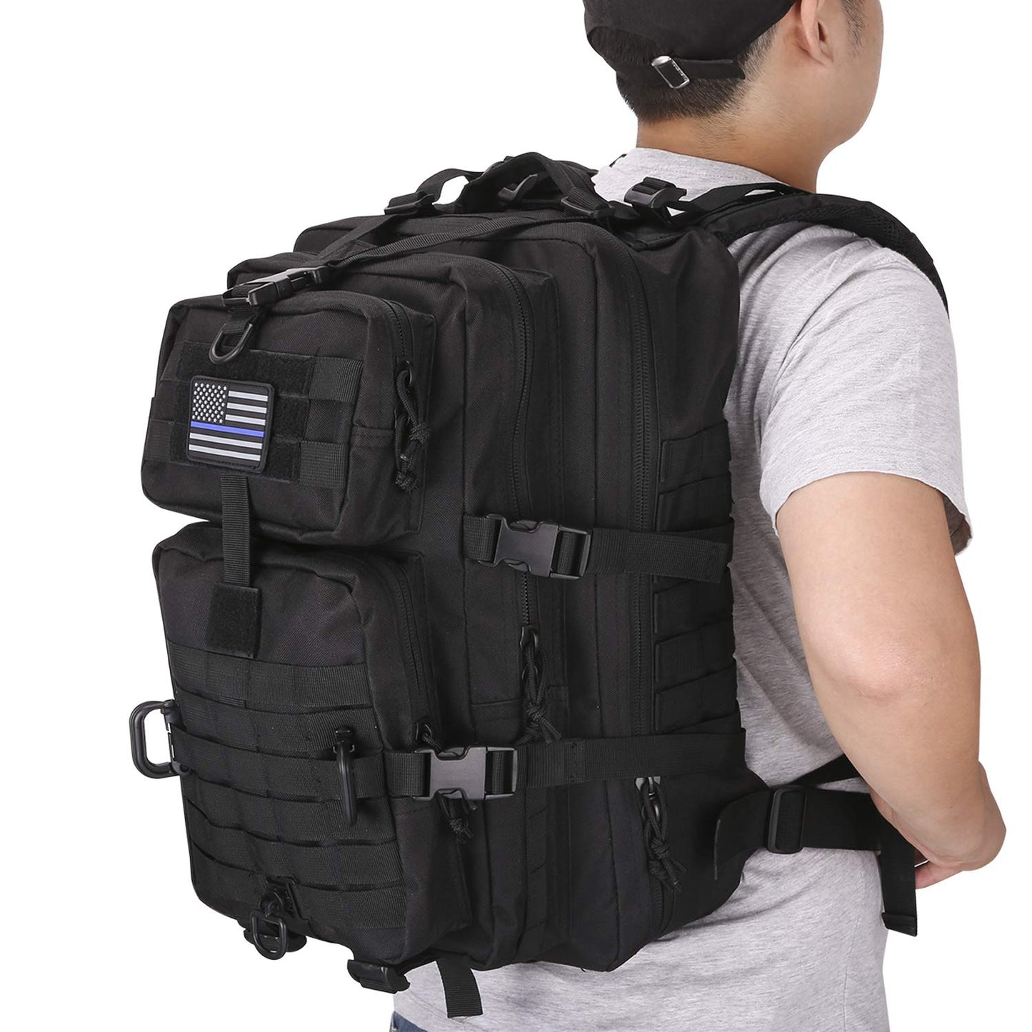 Hannibal Tactical MOLLE Assault Backpack, Tactical Backpack Military Army Camping Rucksack, 3-Day Pack Trip w/USA Flag Patch, D-Rings, Black
