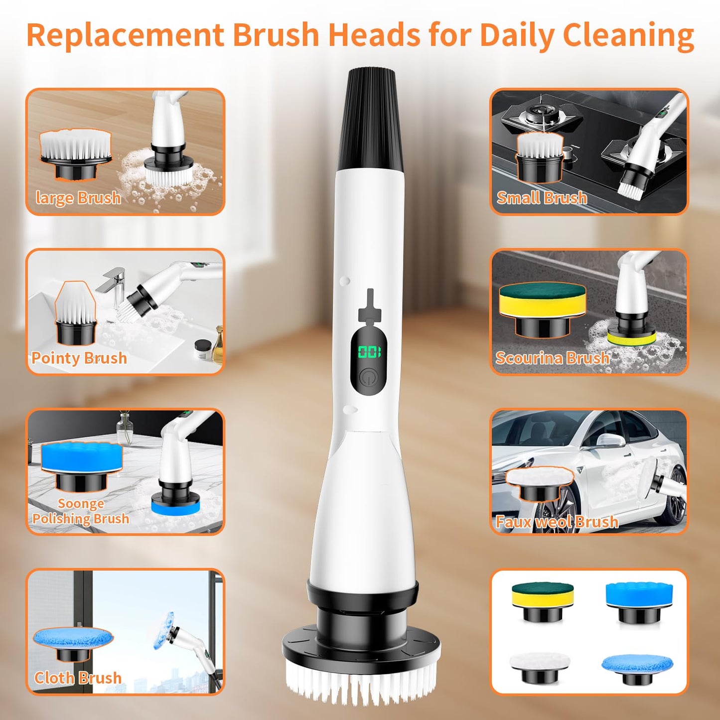 11 in 1 Electric Spin Scrubber Cordless Cleaning Brush 3 Adjustable Angles 2 Adjustable Speeds LED Display Shower Cleaner Brush Supplies Extension Long Handle for Bathroom Floor Tile Toilet Waterproof