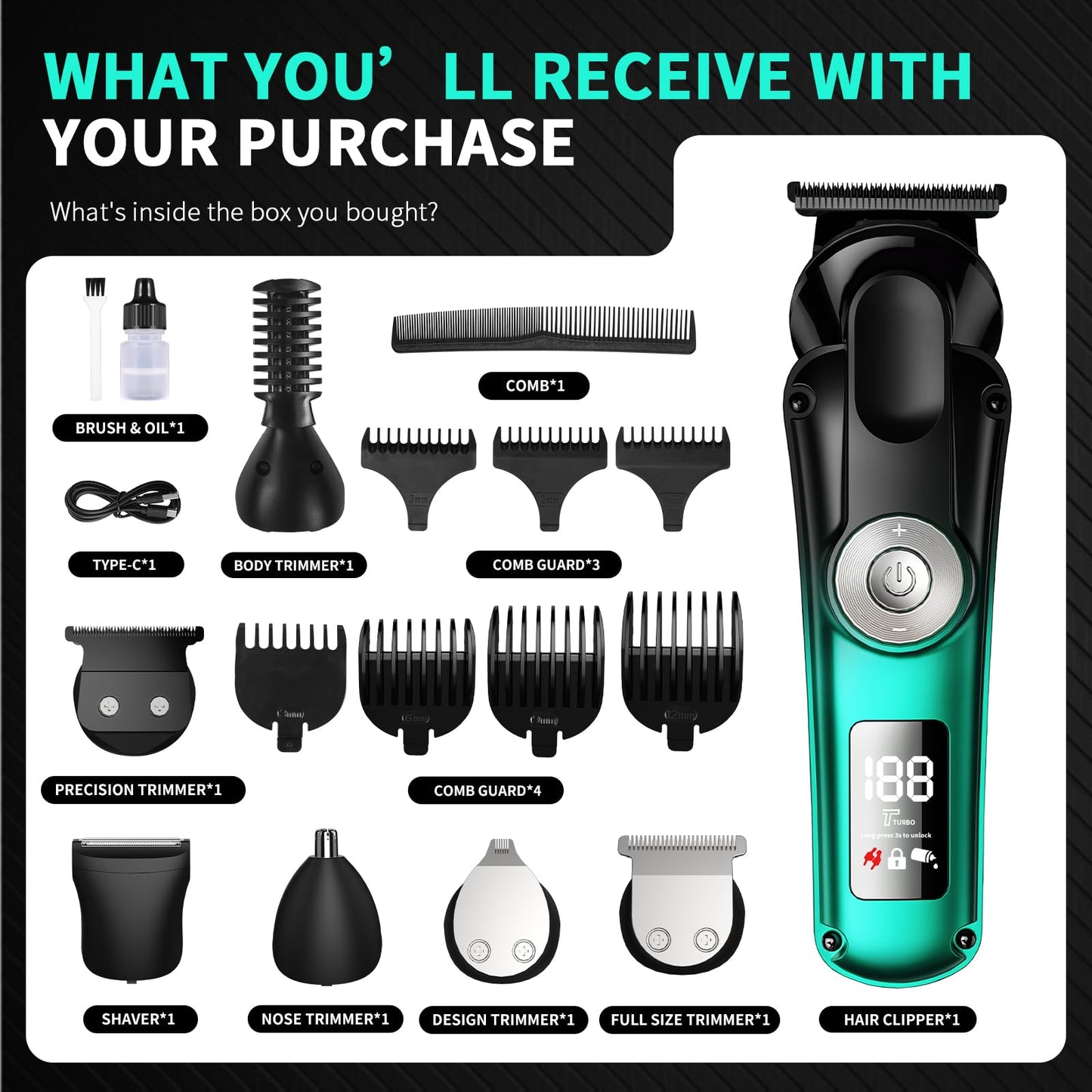 BILLAR 6 in 1 Professional Mens Grooming Kit for Mustache,Body, 17 Piece All-in-One Mens Grooming Kit and Hair Clipper, Nose, Ear,Body and Face, Electric Razor with Type-C Recharge Dock
