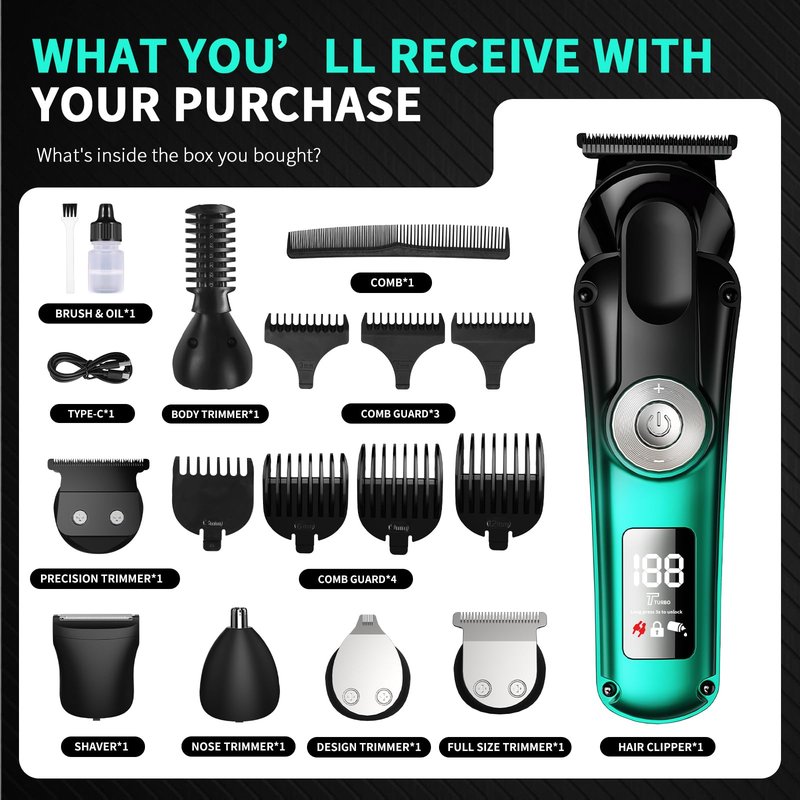 BILLAR 6 in 1 Professional Mens Grooming Kit for Mustache,Body, 17 Piece All-in-One Mens Grooming Kit and Hair Clipper, Nose, Ear,Body and Face, Electric Razor with Type-C Recharge Dock