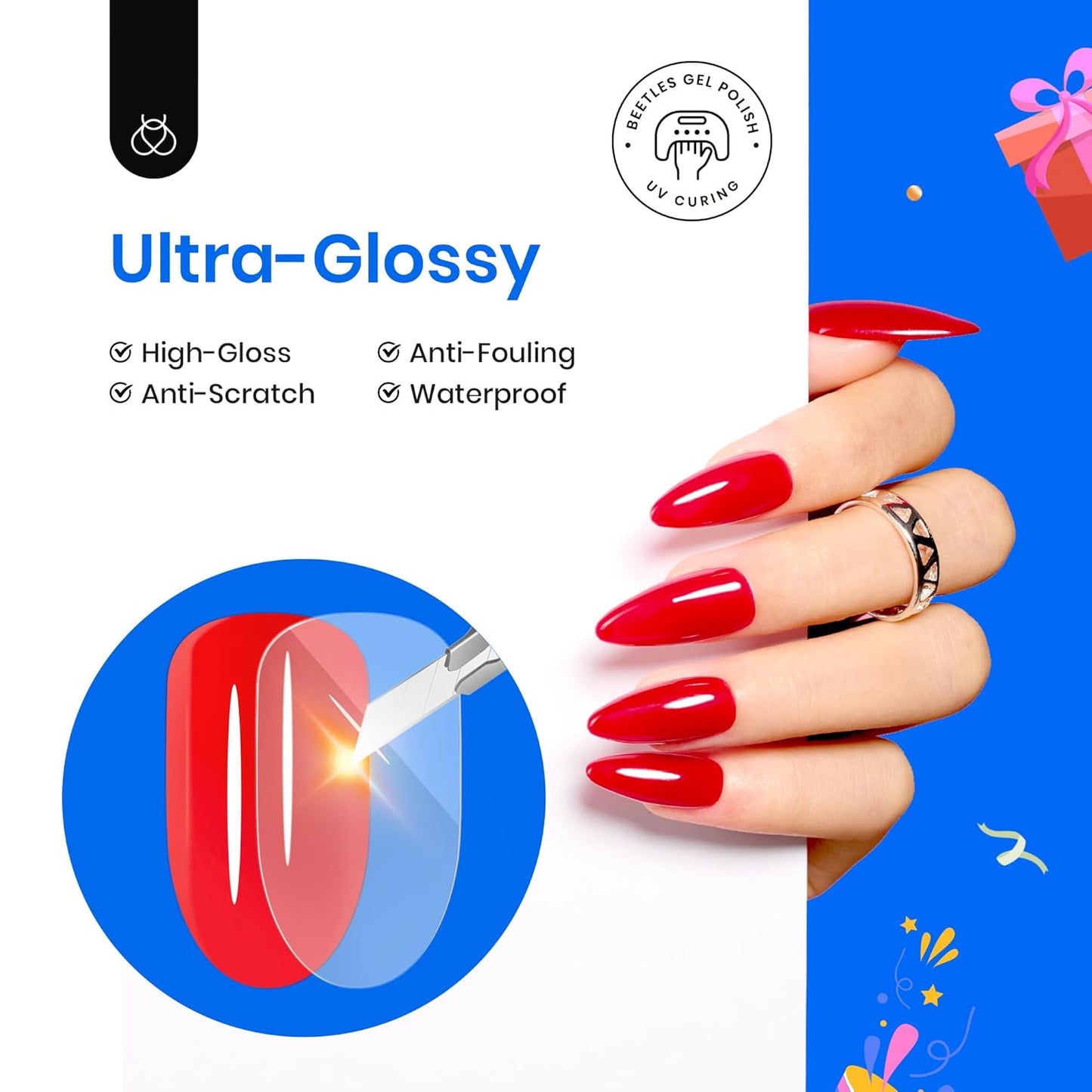 Beetles Extra Glossy Gel Top Coat - 15ml Clear Glossy No Wipe Top Coat Gel Nail Polish High Shine Long Lasting Nail Surface Protection Manicure for Women