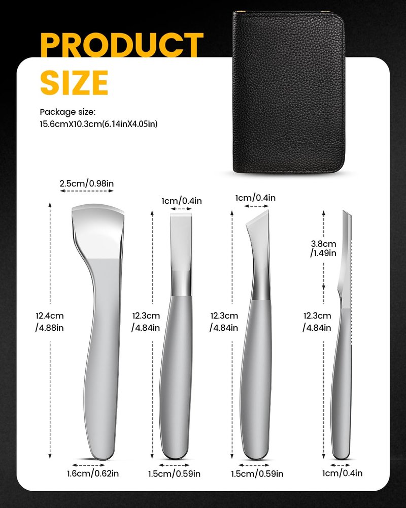 BEZOX 4PCS Pedicure Knife Tools – Professional Ingrown Toenail Removal Kit, Callus Shaver & Corn Scalpel, Foot Peeling Razor Toe Nails Blades (PU Leather Case Included) - Silver