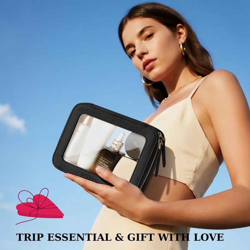 MSTONAL Clear Makeup Bag, Travel Toiletry Bag Cosmetic Case for Women, Waterproof Portable Make Up Skincare Pouch with Zipper, Compact Car Organizer Bag for Essentials, Medium Size, Black