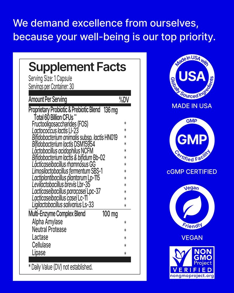 WonderBiotics Probiotics for Gut-Immune Defense, 60 Billion CFU, 12 Clinically Studied Strains with Digestive Enzymes, Gut Barrier Health, Bloating & Gas Relief, Regularity - 30 Vegan Capsules