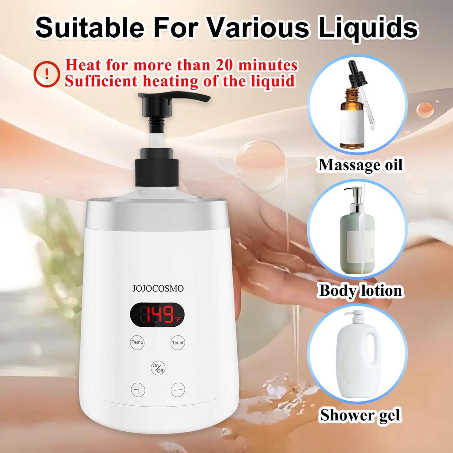 JOJOCOSMO Massage Oil Warmer, Massage Oil Heater with Two Oil Bottle dispensers, Body Liquid Warmer from 86℉ to 149℉, Lotion Bottle Warmer Shampoo Heater for Salon (White)