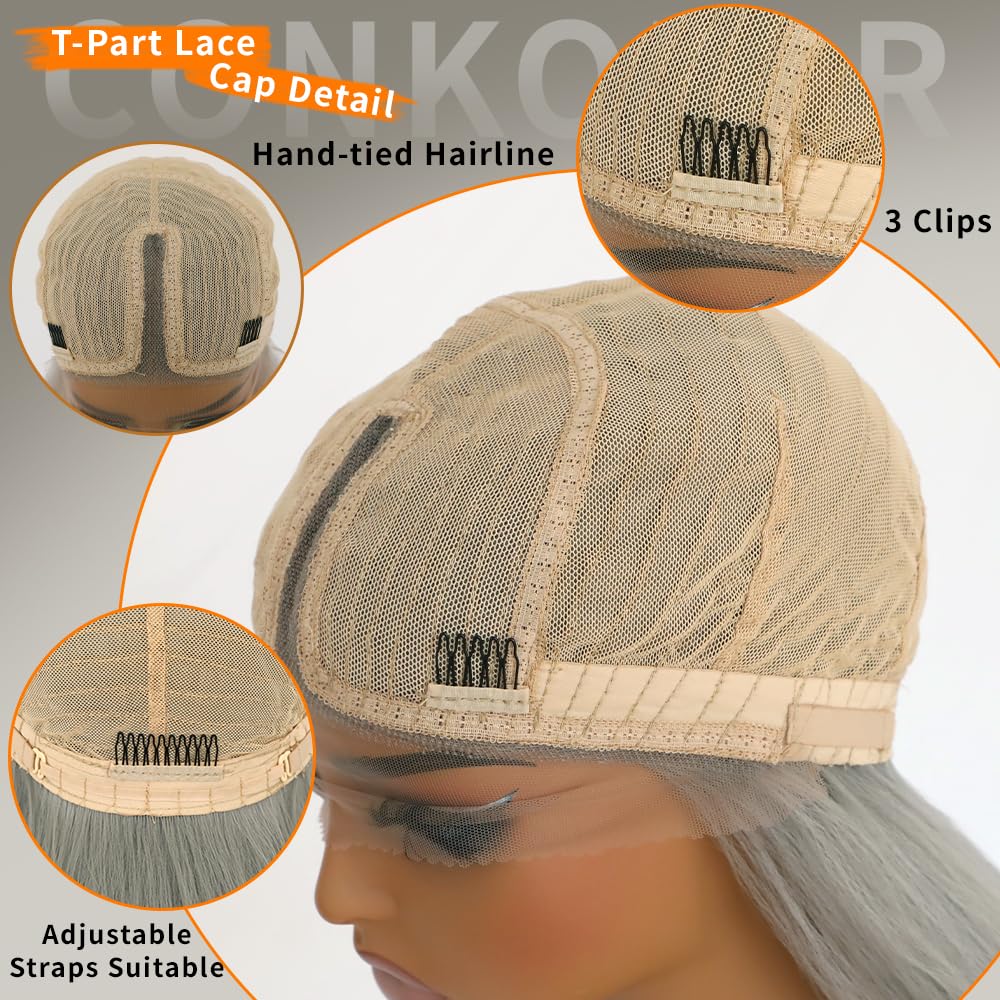 Conkolar Long Hair Wigs for Women Gray Color Synthetic Lace front Wig Middle Part Natural Hairline Pre-Plucked Long Straight Wigs