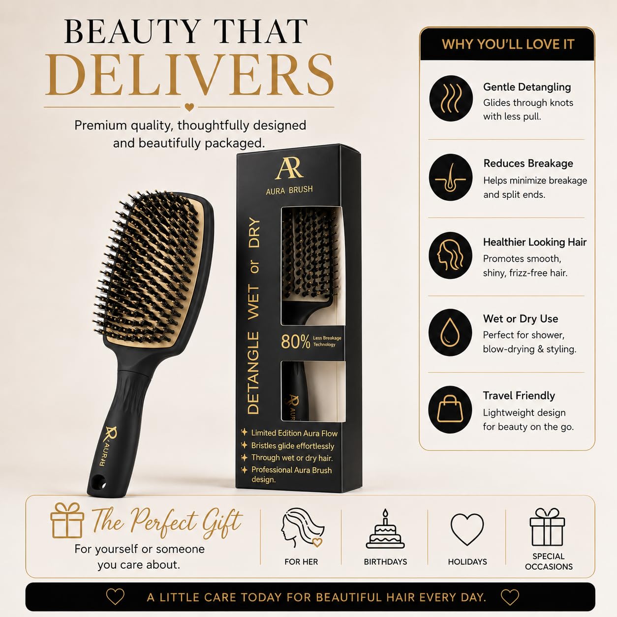 Aura Brush Professional Detangling Hair Brush for Wet & Dry Hair – Pain-Free Detangler for Thick, Curly, Straight & Wavy Hair – Ergonomic Paddle Brush