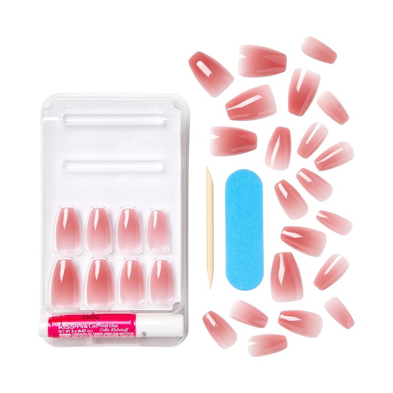 KISS Press On Nails - Nude Coffin Shape with Nail Glue & Accessories | Medium Size, 28 Nails Included