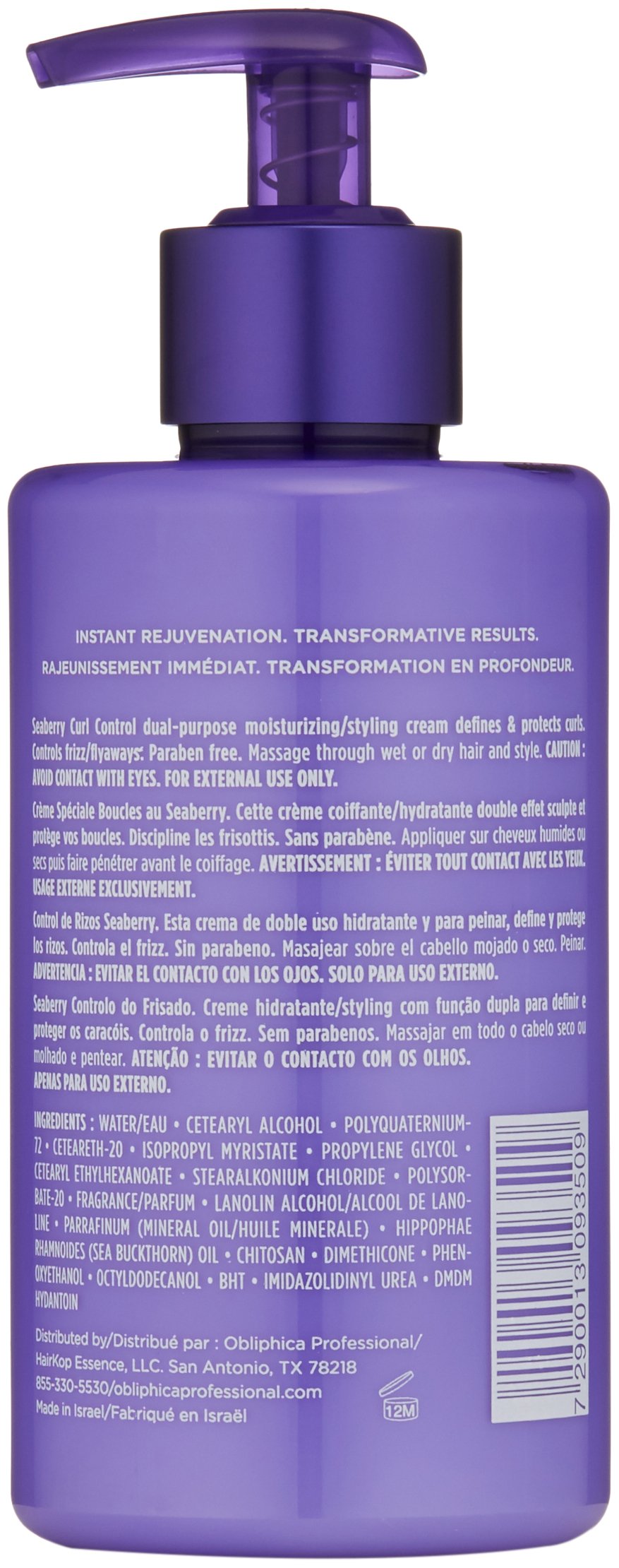 Obliphica Seaberry Curl Control Cream - Anti-Frizz, Curl-Defining and Enhancing Hydrating Styler for Women, Men, Wavy and Coarse Hair - 10 Fl Oz