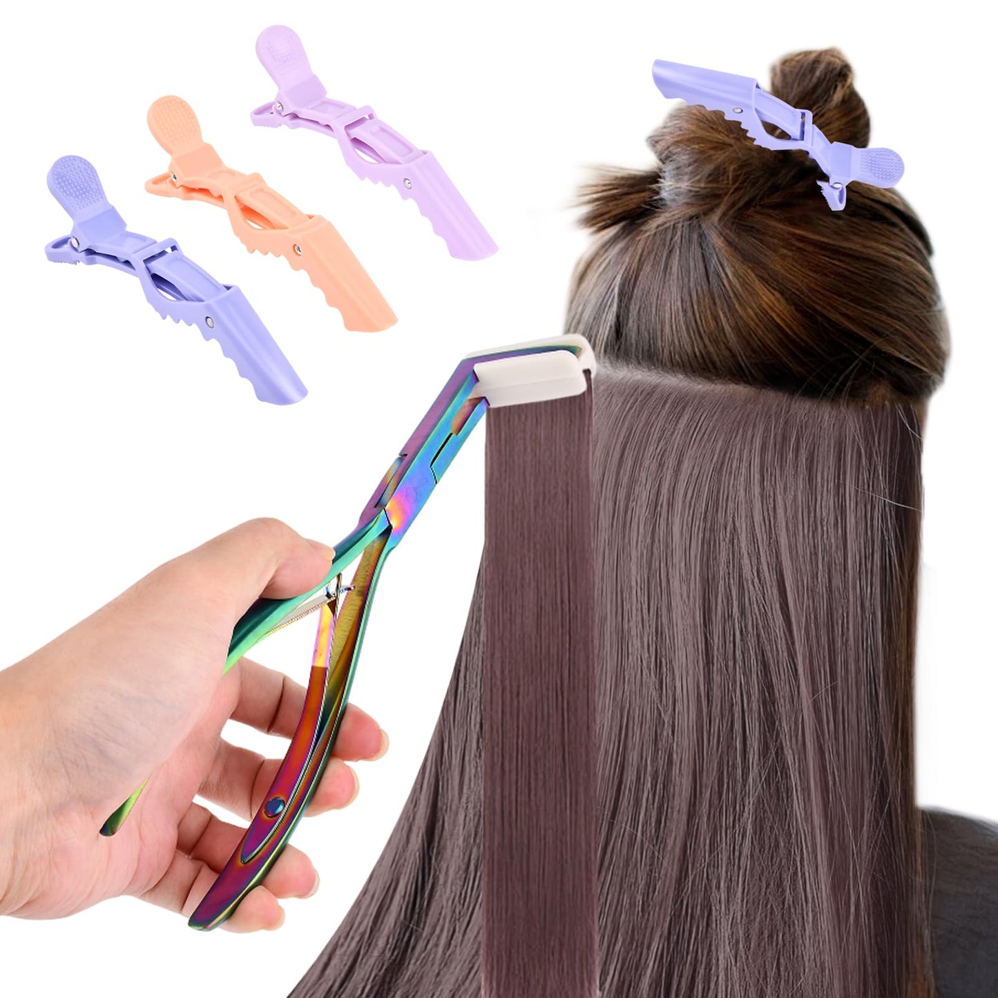 Trasylph Tape in Hair Extension Tools Kit,with Hair Extensions Sealing Clamp Plier,5 Sheets Hair Extension Tape,2 Black Hair Gripper Sticker,9 Clips,3 Hair Parting Ring,for Women Hair