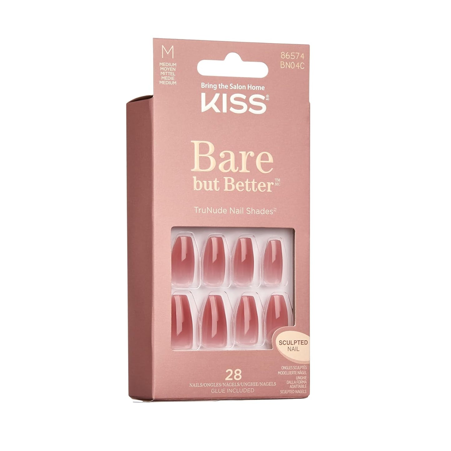 KISS Bare but Better, Press On Nails, Nail glue included, 'Nude Nude', Color, Medium Size, Coffin Shape, Includes 28 Nails, 2g glue, 1 Manicure Stick, 1 Mini File