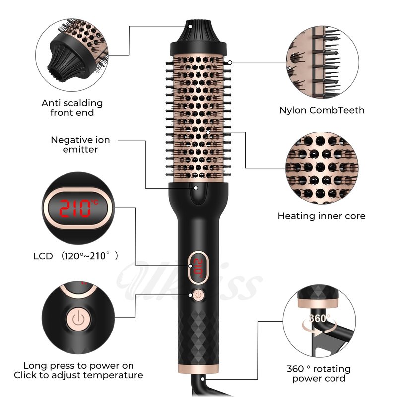 Rose Romee Thermal Brush, Heated Round Brush, 1 1/2 inch Hot Round Brush Curling Iron with Ceramic Tourmaline and PTC Heater, Detachable Brush Head with Dual Voltage for Travel
