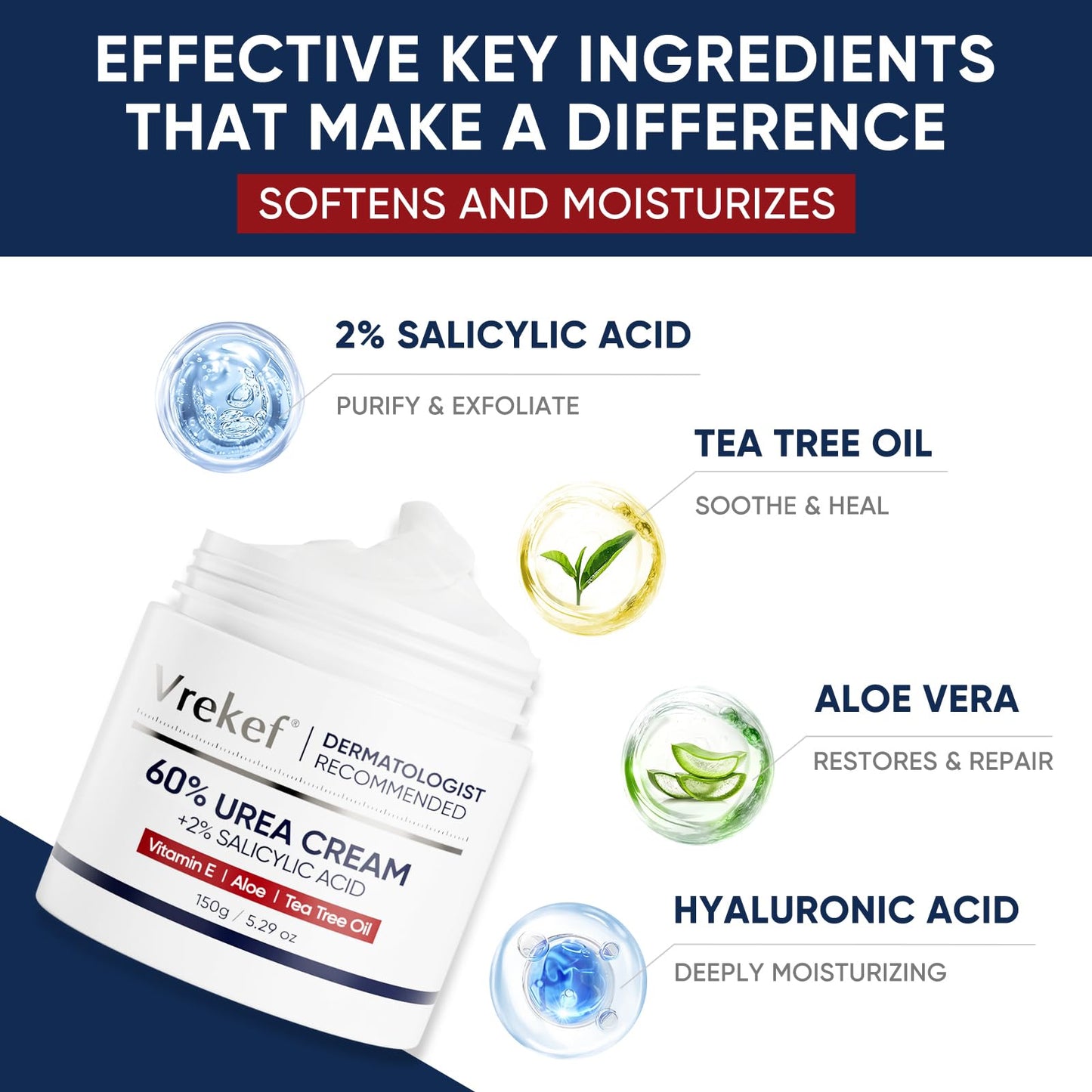 VREKEF Urea Cream 60% with 2% Salicylic Acid, Urea Cream 60 Percent for Feet Maximum Strength, Foot Cream & Callus Remover for Dry Cracked Heels, Rough Thick Skin, Deep Hydration, 5.29 oz