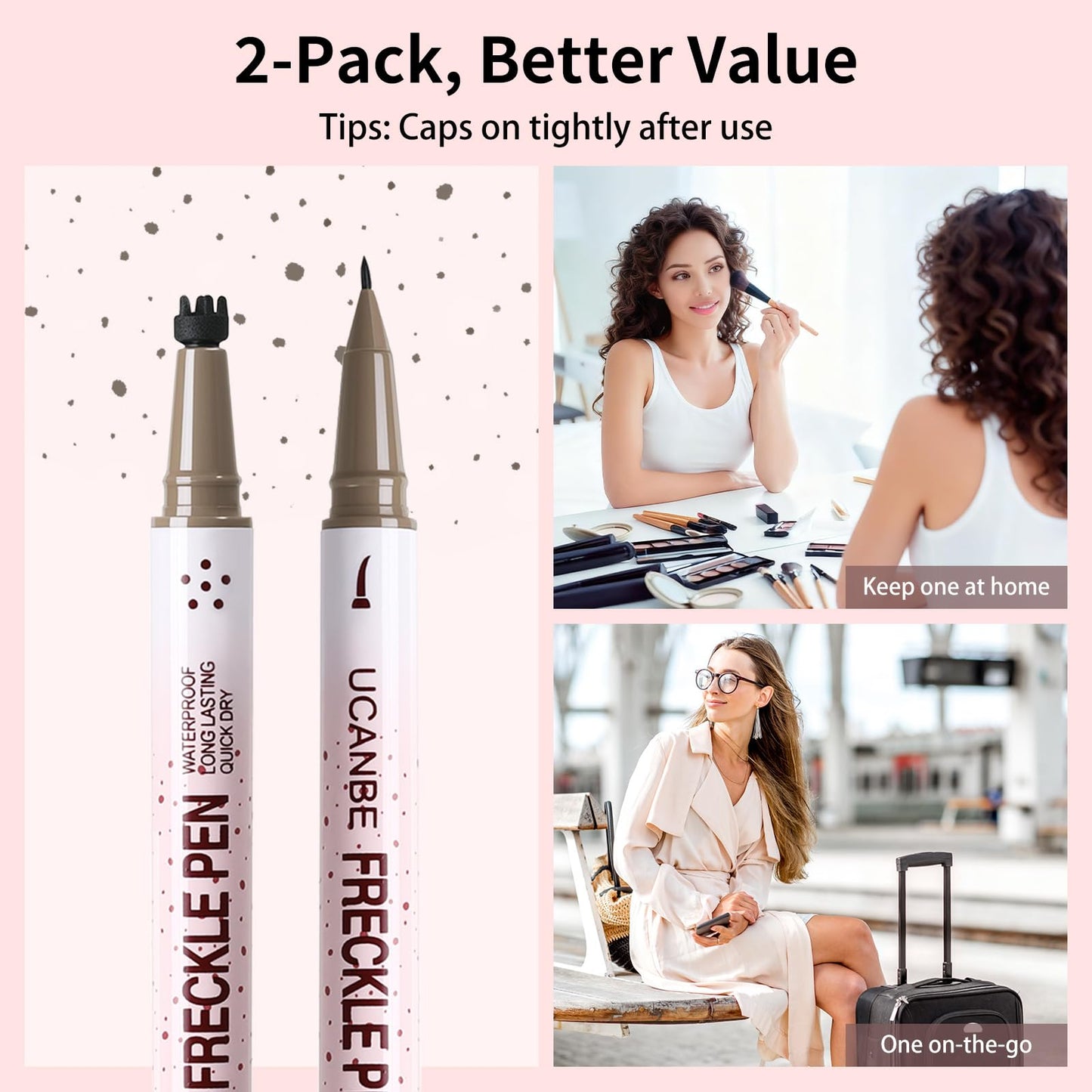 UCANBE 2PCS Dual-Ended Freckle Pen & Freckle Stamp - Precise 15° Curved Tip Makeup Waterproof & Smudge Proof, Long Lasting Faux Freckles Pencils (01 Light Brown+03 Chestnut)