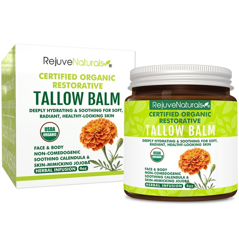 RejuveNaturals USDA Certified Organic Beef Tallow Balm, Large 4oz Glass Jar – Grass Fed & Finished Tallow with Beeswax & Jojoba Oil – Solid, Non-Comedogenic (Herbal Infusion (Unscented))