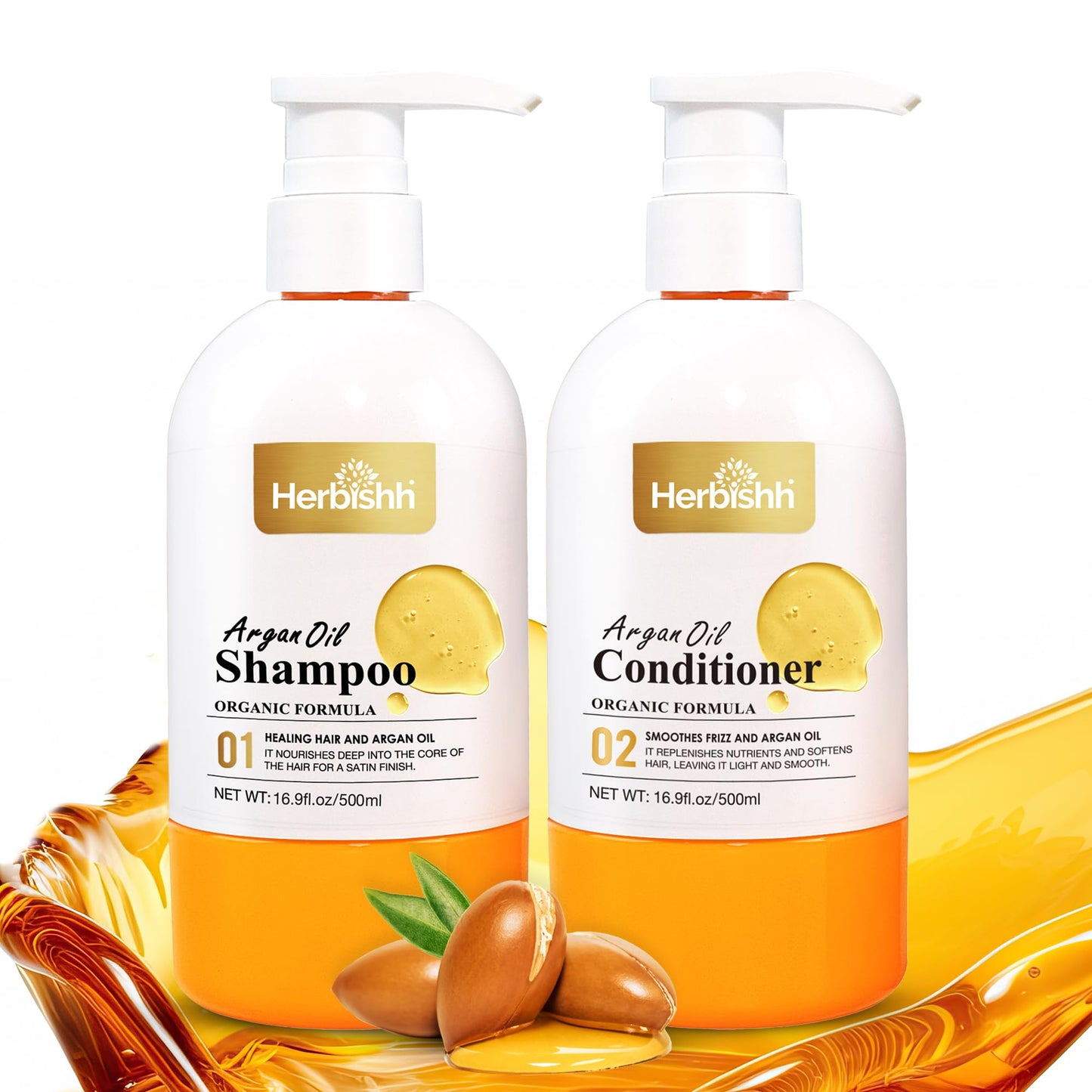 Herbishh Argan Oil Shampoo & Conditioner Set, Deep Cleansing Formula for Dry & Frizzy Hair, Helps Nourish Damaged Color-Treated Hair with Shea Butter, Jojoba & Coconut Oil, 16.9 fl oz Each