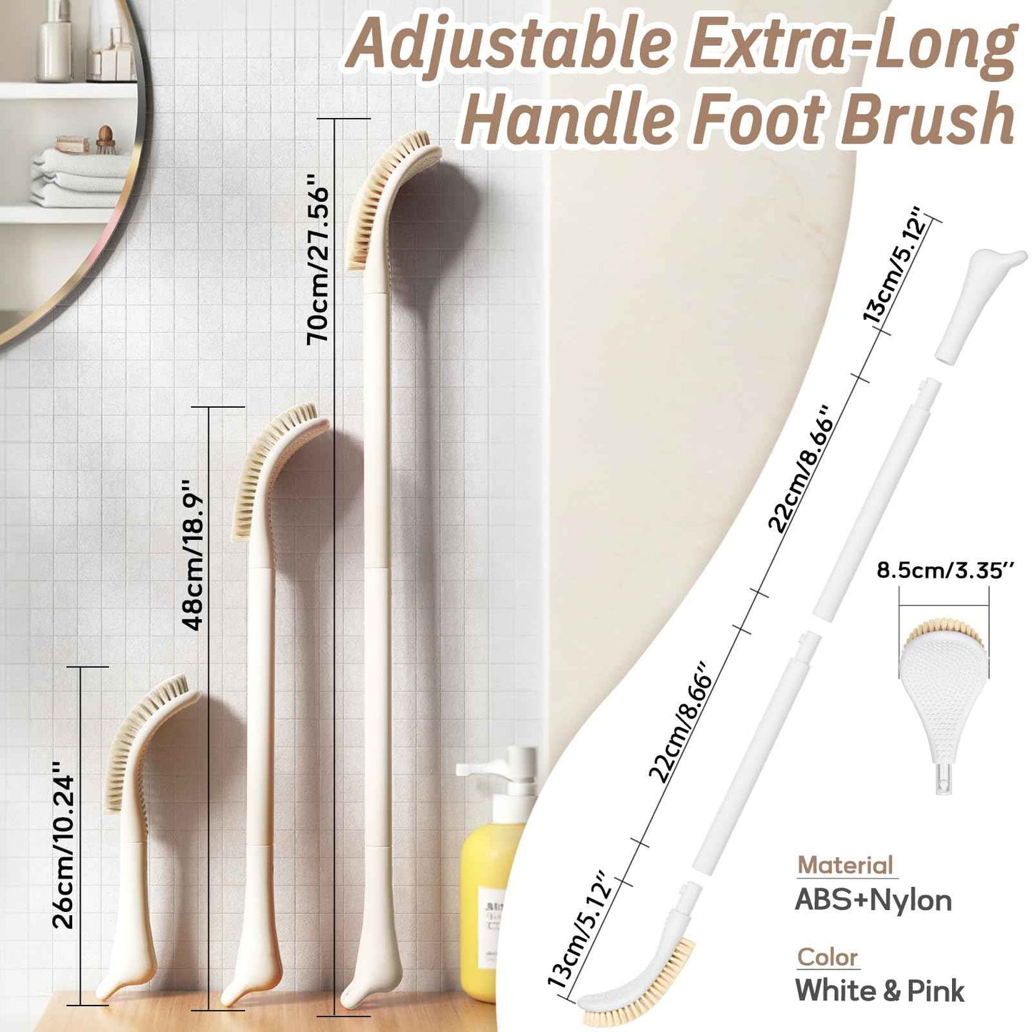 GEENOA New Foot Brush with Adjustable Long Handle, 3-in-1 Foot Scrubber for Wet or Dry Brushing, 10.2’’- 27.5’’ Foot Scrub Brush for Senior, Pregnant, Disabled, or Injured, Gift-Box Packed(White)