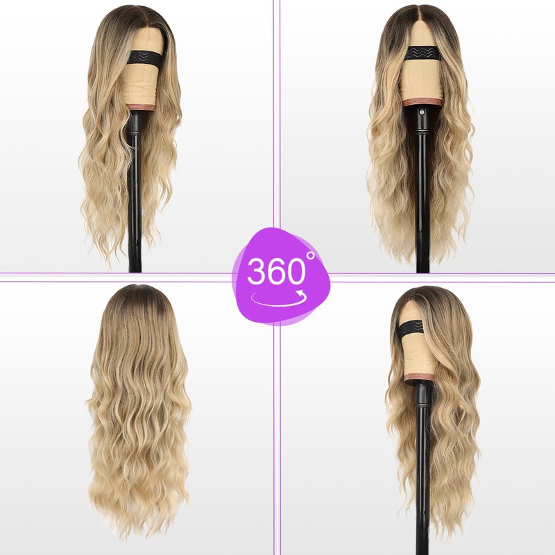 Eawwii Ombre Blonde Wig for Women Long Wavy 4x1 Lace Natural Hairline Glueless for Beginners Middle Part Synthetic for Daily Party Use 26Inch