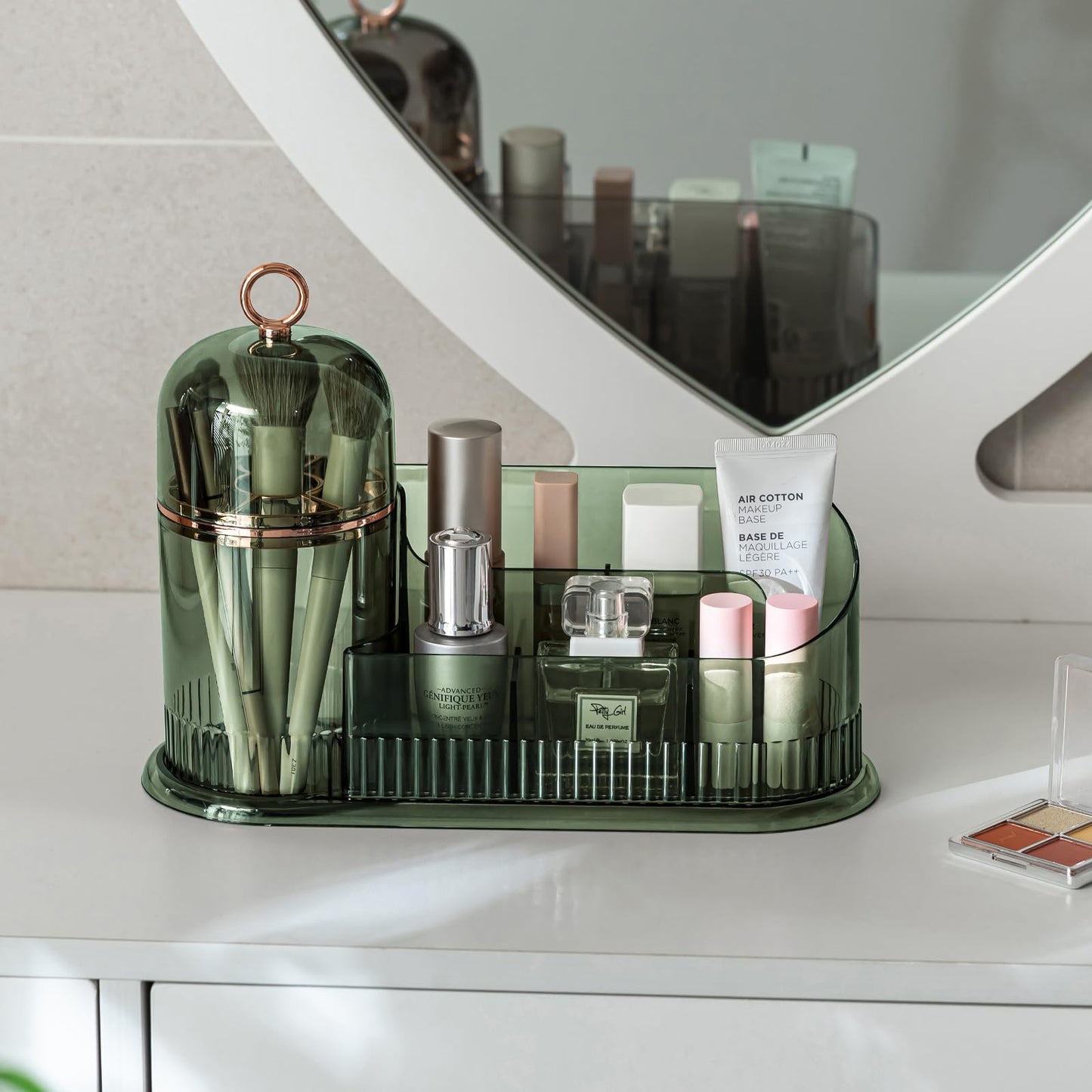 CANITORON Makeup Organizer for Vanity, Skincare Organizer With Brush Holder, Partitioned Storage Cosmetic Display Cases for Bedroom Countertop and Bathroom Storage - CB-Green