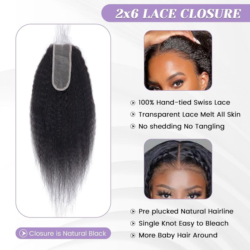 Kinky Straight Lace Closure - 2x6 HD Transparent 100% Real Human Hair | Natural Black 1B, 16 Inch