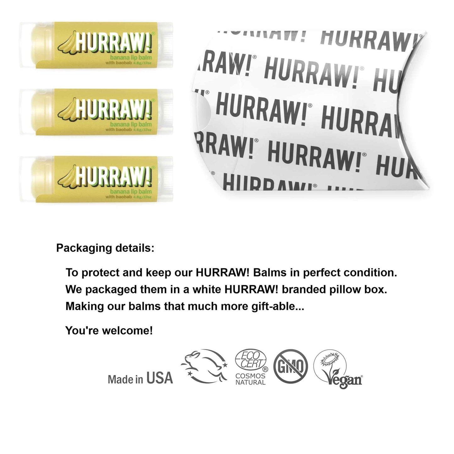 Hurraw! Banana Lip Balm, 3 Pack: Organic, Certified Vegan, Cruelty and Gluten Free. Non-GMO, 100% Natural Ingredients. Bee, Shea, Soy and Palm Free. Made in USA