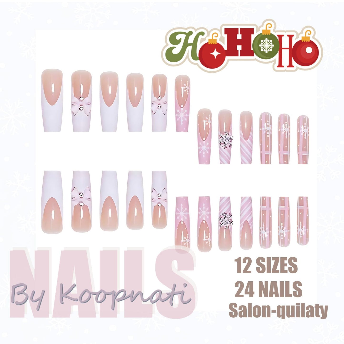 Christmas Press On Nails Medium Square Pink French Tip Fake Nails with Glue Winter Snowflake Bow Glitter Design,Christmas Nails Long False for Women Holiday Xmas Gifts