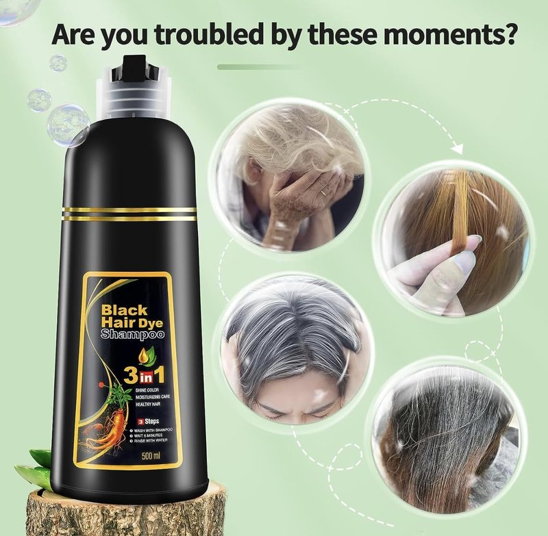 500ML Permanent Black Hair Color Dye Shampoo - Organic Natural Plant Essence for Women & Men, Covers Gray/White Hair, Instant 3-in-1 Hair Colouring Herbal Shampoo, 17 Fl Oz (BLACK)