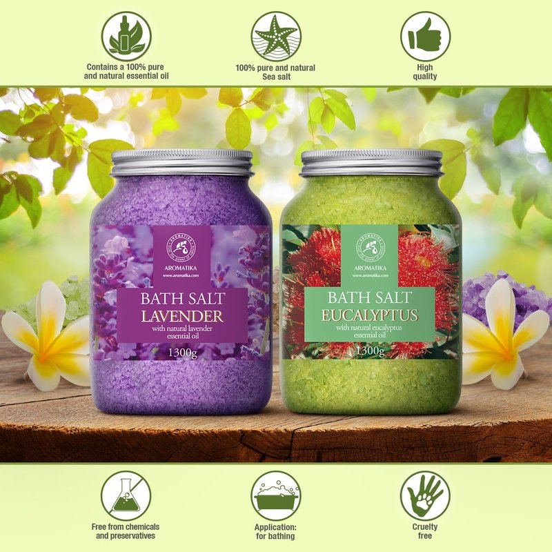 Bath Sea Salt Set 2х46Oz - Lavender & Eucalyptus - Natural Lavender Essential Oil - Eucalyptus Essential Oil - Aromatherapy - Relaxing - Calming - Body Care - Beauty - Bathing - Spa
