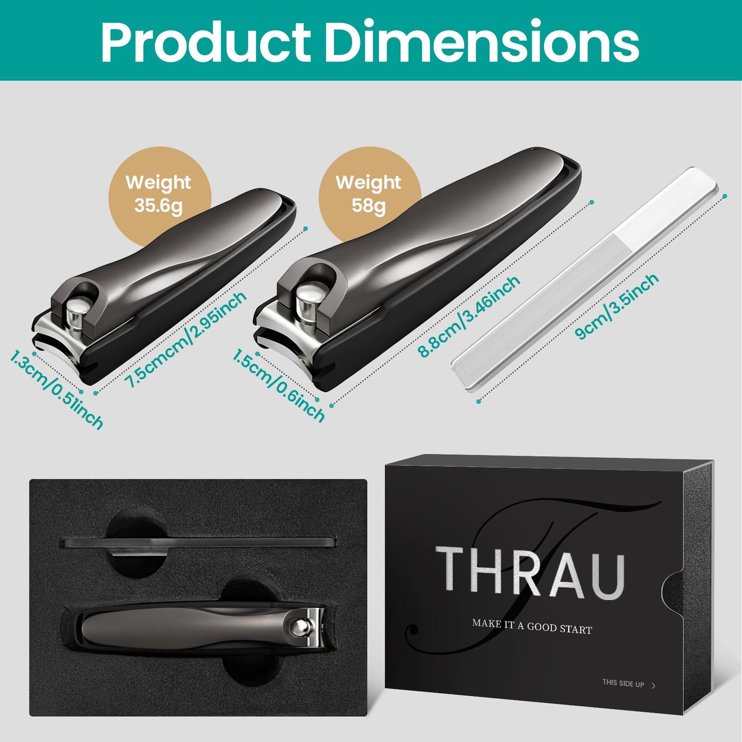 THRAU Anti-Splash Nail Clippers, Stainless Steel Toenail and Fingernail Clipper for Men & Women, Sharp Nail Cutter for Thick Nails, Gifted with Nano Glass Nail File (Large)