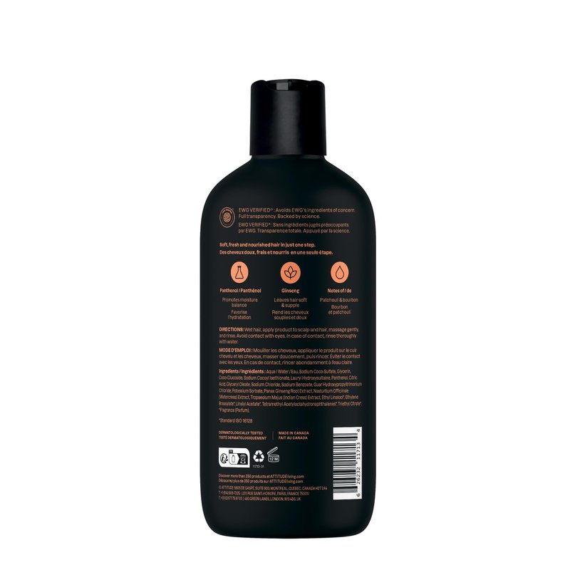ATTITUDE Men's Shampoo and Conditioner 2-in-1, Nourishing For Dry Hair and Scalp, With Panthenol and Ginseng, 97% Natural Origin Ingredients, EWG Verified, Patchouli & Bourbon, 14 Fl Oz (Pack of 3)