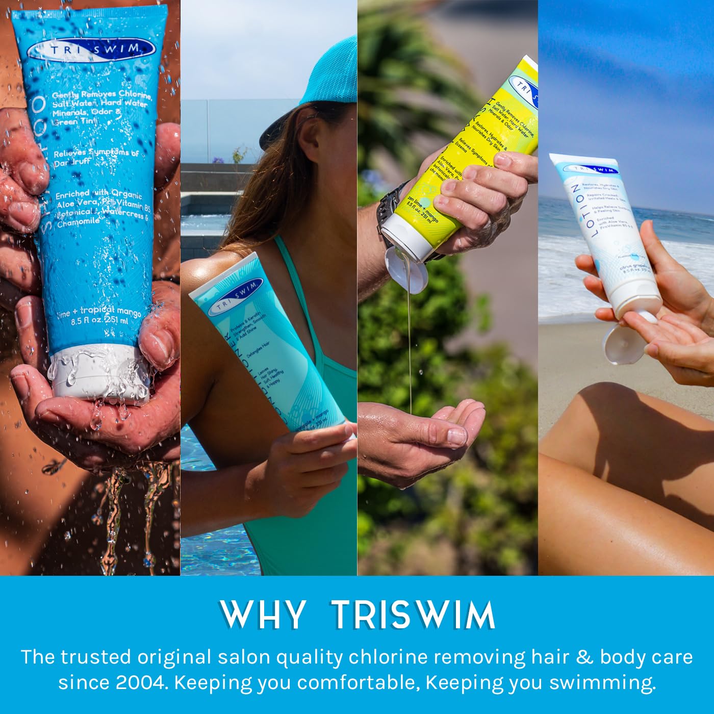 TRISWIM Pack of 4 Swim Care Set | Chlorine Removal Shampoo, Conditioner, Body Wash & Lotion, 8.5 fl oz Each | Removes Chlorine from Hair & Skin | Hydrates, Repairs & Protects Swimmers
