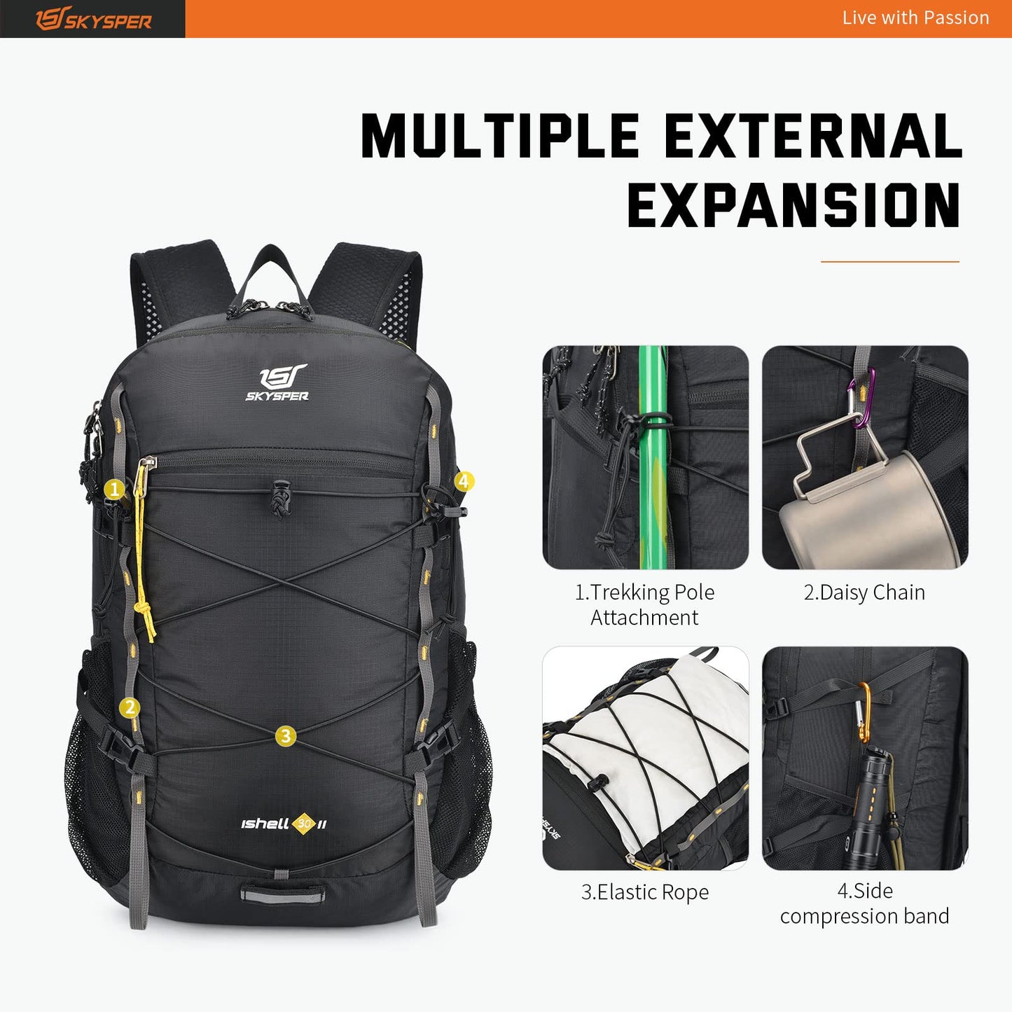 SKYSPER Packable Hiking Backpack 30L Lightweight Daypack Travel Backpacks for Women Men(Black)