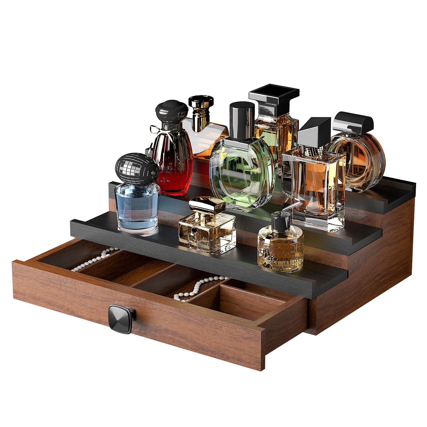 TIRYIUOU Cologne Organizer for Men: with Hidden Vault & Drawer, 3 Tier Wooden Cologne Stand Desktop Perfume Display Shelf, Bedroom Dresser Makeup Lotion Jewelry Storage Organizer 