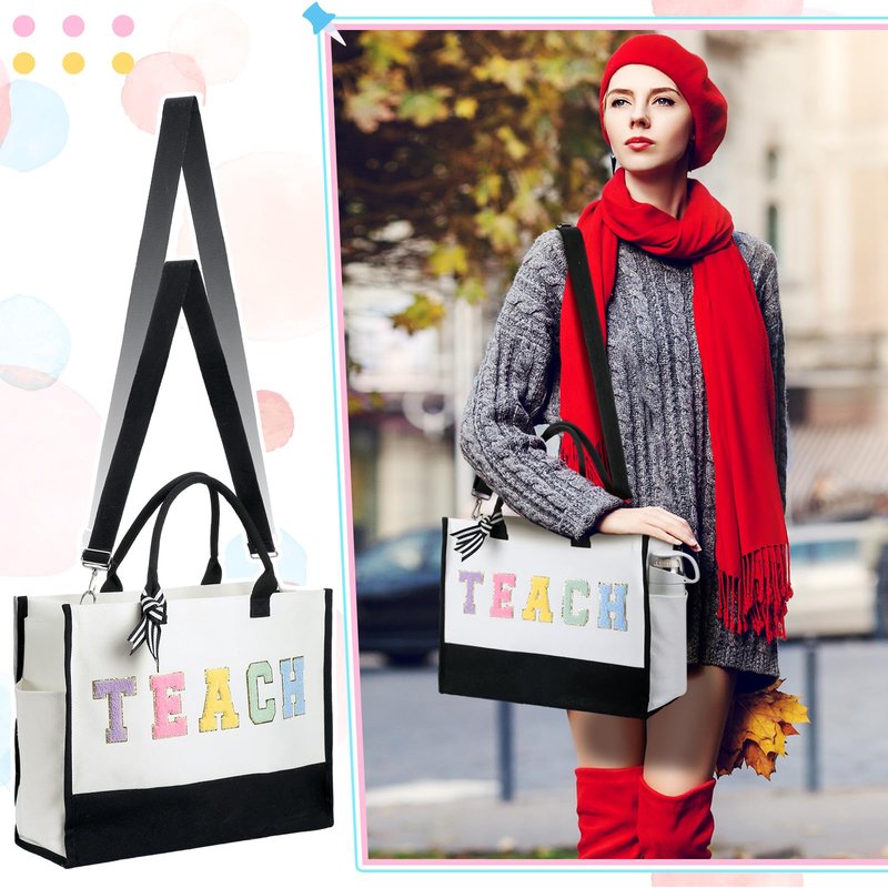 Abbylike 2 Pcs Teacher Appreciation Gifts for Women Canvas Chenille Letter Tote Bag with Makeup Bag Reusable Thank You Teacher Tote Gift for End of Year Graduation Birthday Teacher's Day Party Favor