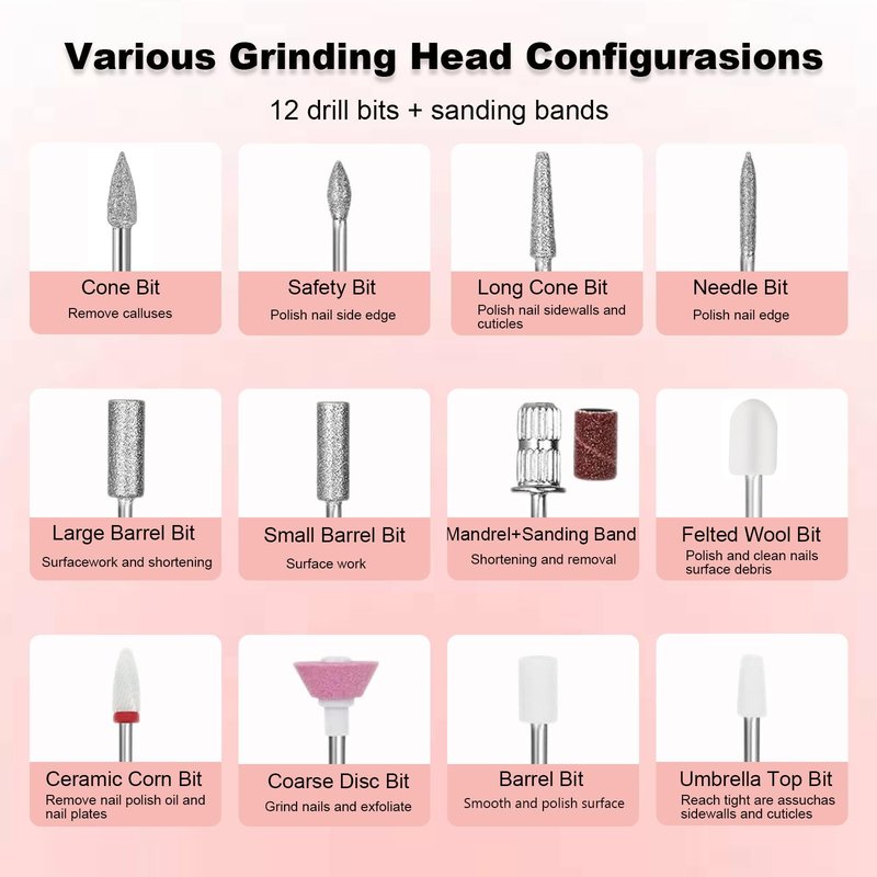 Qinvone Electric Nail Drill with Brushless Motor, 40000RPM Professional Cordless Nail File for Acrylic & Gel Removal - Rechargeable Manicure & Pedicure Kit with 12 Bits for Home and Salon Use (Pink)